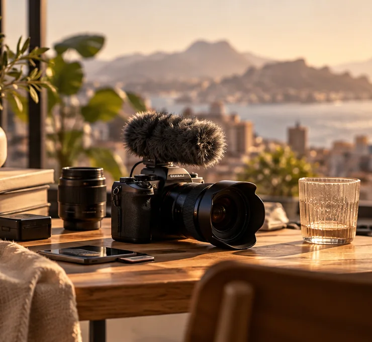 Camera and studio equipment on a warm desk